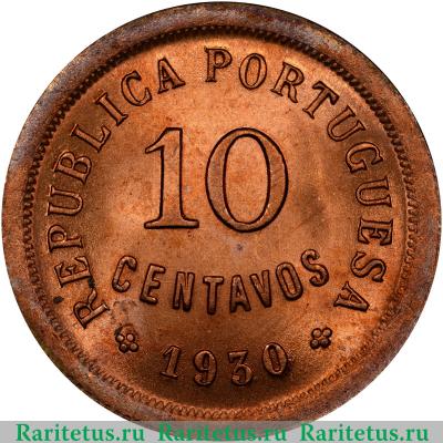 Реверс монеты 10 сентаво (centavos) 1930 года   Кабо-Верде