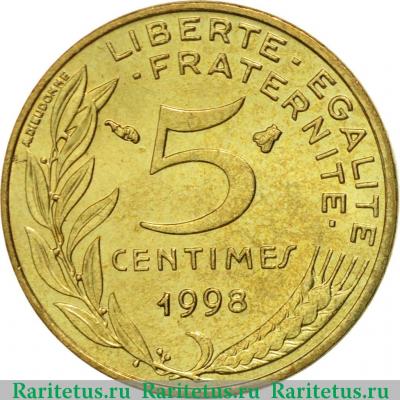 Реверс монеты 5 сантимов (centimes) 1998 года   Франция