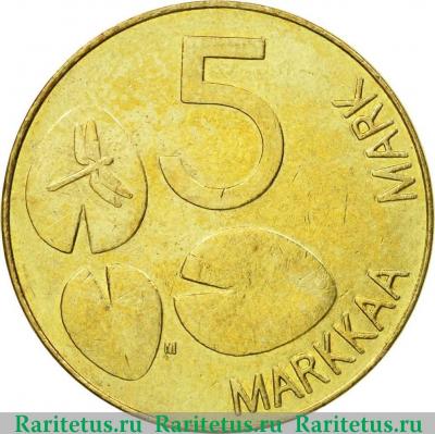 Реверс монеты 5 марок (markkaa) 1996 года   Финляндия