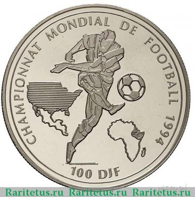 Реверс монеты 100 франков (francs) 1994 года  футбол Джибути proof