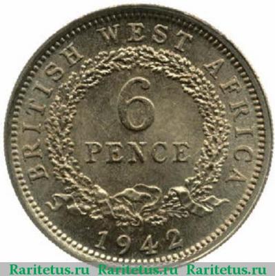 Реверс монеты 6 пенсов (pence) 1942 года   Британская Западная Африка