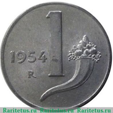 Реверс монеты 1 лира (lira) 1954 года   Италия