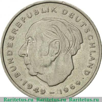 Реверс монеты 2 марки (deutsche mark) 1974 года J  Германия