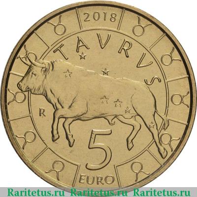 Реверс монеты 5 евро (euro) 2018 года  Телец Сан-Марино