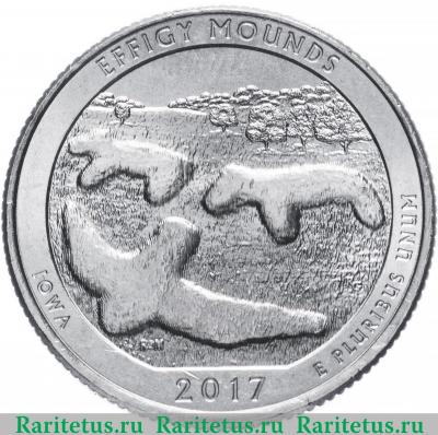 Реверс монеты 25 центов (квотер, 1/4 доллара, quarter dollar) 2017 года P Эффиджи-Маундз США