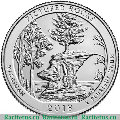 Реверс монеты 25 центов (квотер, 1/4 доллара, quarter dollar) 2018 года P Живописные скалы США