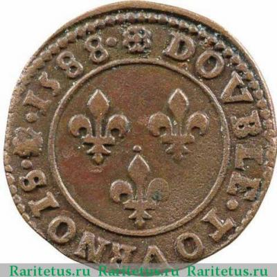 Реверс монеты двойной турнуа (double tournois) 1588 года   Королевство Франция