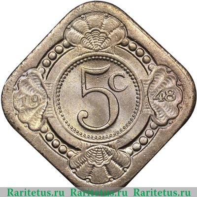 Реверс монеты 5 центов (cents) 1948 года   Кюрасао