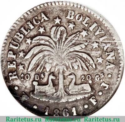 Реверс монеты 2 суэльдо 1859-1863 годов   Боливия