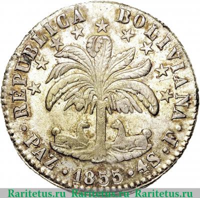 Реверс монеты 4 суэльдо 1853-1855 годов   Боливия