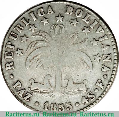 Реверс монеты 4 суэльдо 1855-1857 годов   Боливия