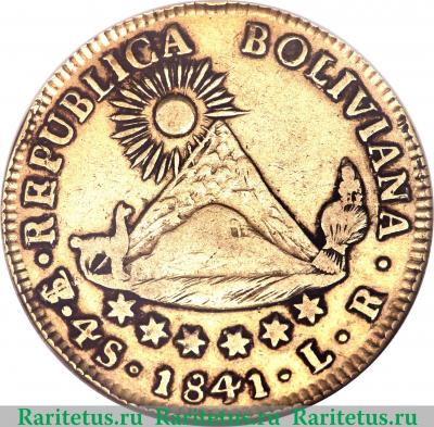 Реверс монеты 4 скудо 1841 года   Боливия