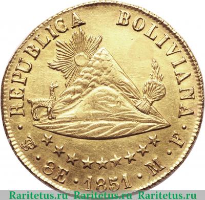 Реверс монеты 8 скудо 1851 года   Боливия