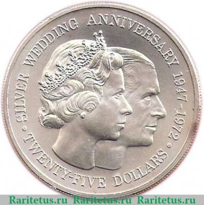 Реверс монеты 25 долларов 1972 года   Каймановы острова