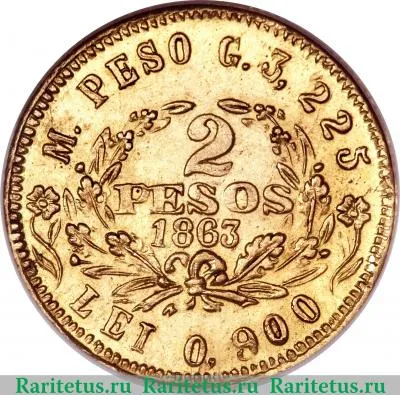 Реверс монеты 2 песо 1863 года   Колумбия
