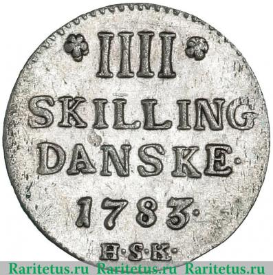 Реверс монеты 4 скиллинга 1783 года   Дания