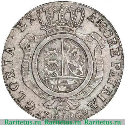 Реверс монеты 1 спесие далер 1769 года   Дания