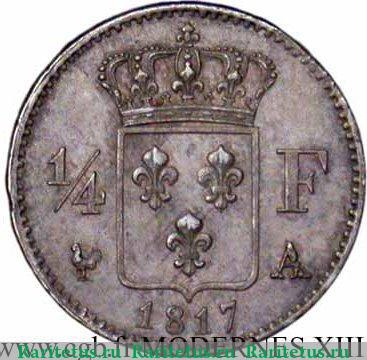 Реверс монеты ¼ франка 1817-1824 годов   Франция