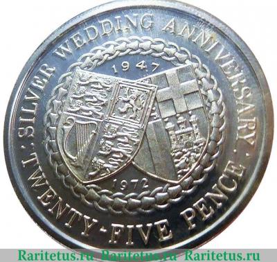Реверс монеты 25 пенсов 1972 года   Остров Мэн