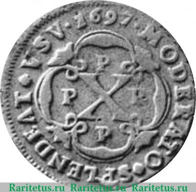 Реверс монеты 10 рейсов 1693-1699 годов   Ангола