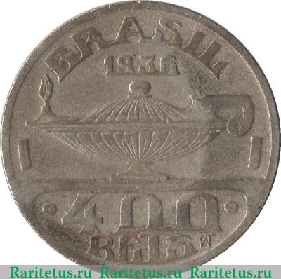 Реверс монеты 400 рейсов 1936-1938 годов   Бразилия
