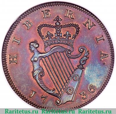 Реверс монеты ½ пенни 1736-1738 годов   Ирландия
