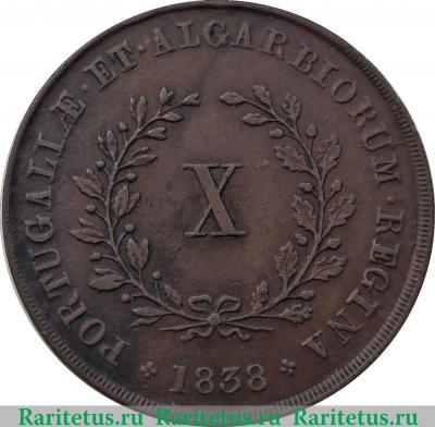 Реверс монеты 10 рейсов 1838-1839 годов   Португалия