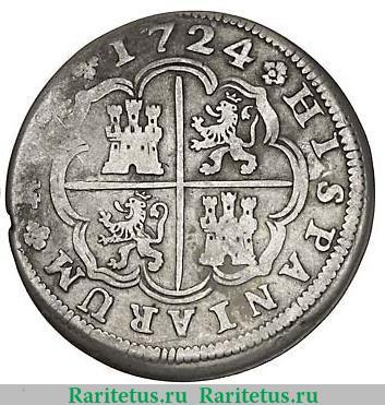 Реверс монеты 2 реала 1724 года   Испания
