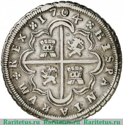 Реверс монеты 8 реалов 1704-1713 годов   Испания
