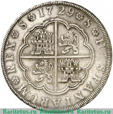 Реверс монеты 8 реалов 1729-1730 годов   Испания