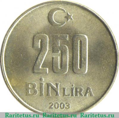 Реверс монеты 250.000 лир 2002-2004 годов   Турция