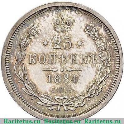 Реверс монеты 25 копеек 1884 года СПБ-АГ 