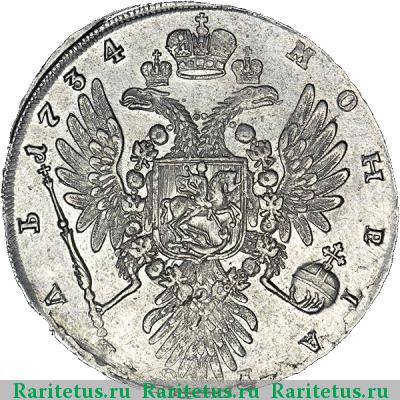Реверс монеты 1 рубль 1734 года  крест разделяет надпись