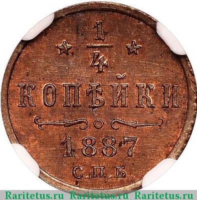 Реверс монеты 1/4 копейки 1887 года СПБ 