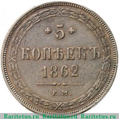 Реверс монеты 5 копеек 1862 года ЕМ 