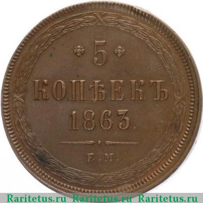 Реверс монеты 5 копеек 1863 года ЕМ 