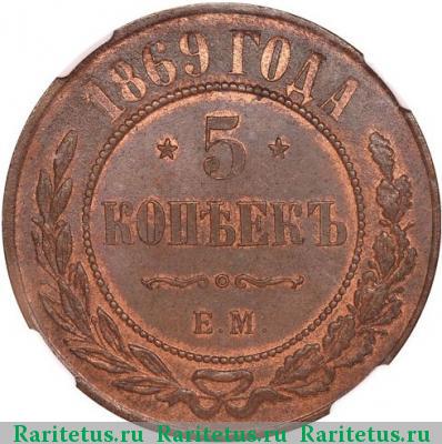 Реверс монеты 5 копеек 1869 года ЕМ 