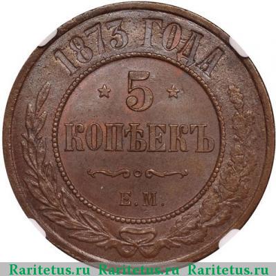 Реверс монеты 5 копеек 1873 года ЕМ 