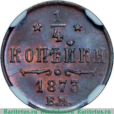 Реверс монеты 1/4 копейки 1873 года ЕМ 