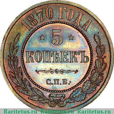 Реверс монеты 5 копеек 1870 года СПБ 