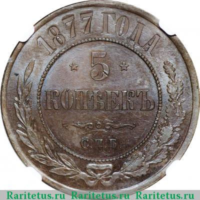 Реверс монеты 5 копеек 1877 года СПБ 