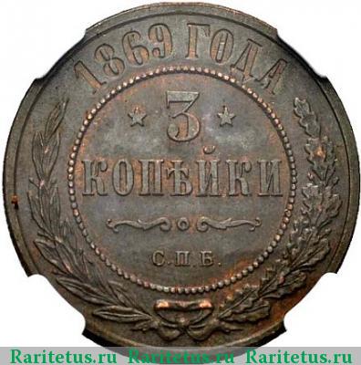 Реверс монеты 3 копейки 1869 года СПБ 