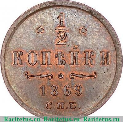 Реверс монеты 1/2 копейки 1869 года СПБ 