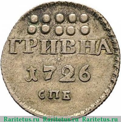 Реверс монеты гривна 1726 года СПБ 