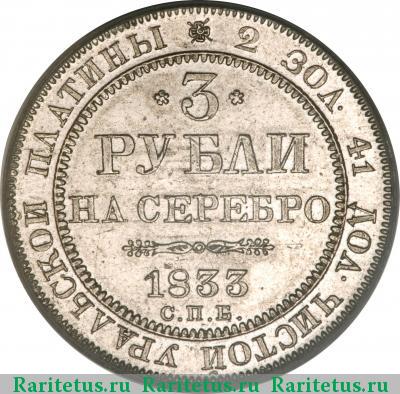 Реверс монеты 3 рубля 1833 года СПБ 