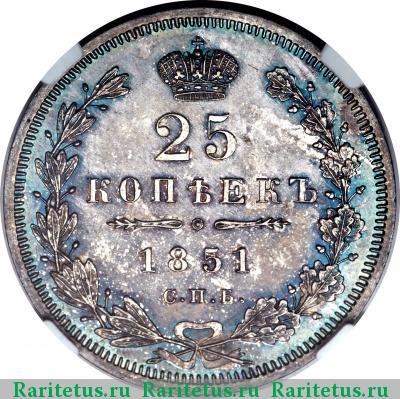 Реверс монеты 25 копеек 1851 года СПБ-ПА 