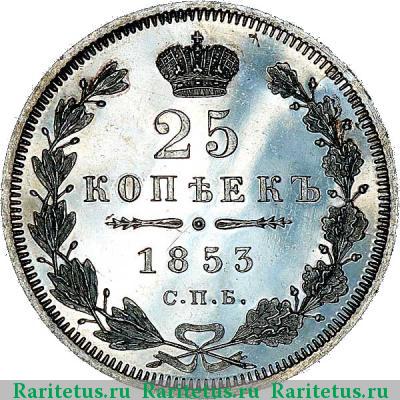 Реверс монеты 25 копеек 1853 года СПБ-HI корона широкая