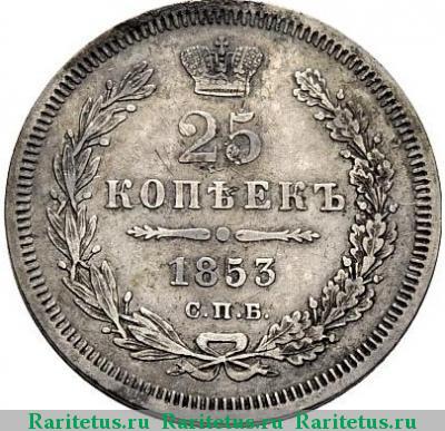 Реверс монеты 25 копеек 1853 года СПБ без инициалов