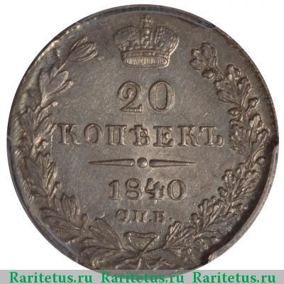 Реверс монеты 20 копеек 1840 года СПБ-НГ 