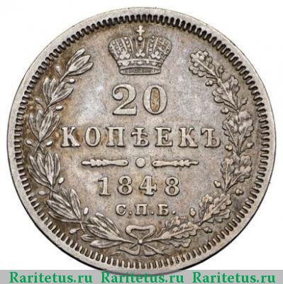 Реверс монеты 20 копеек 1848 года СПБ-HI орёл 1849